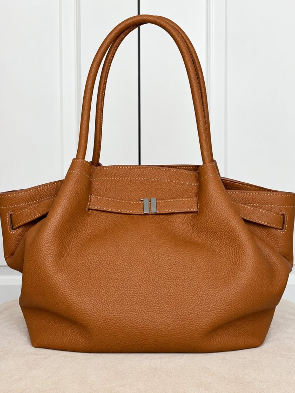 Cognac Brown Pebbled Leather Wings Tote Shoulder Bag Medium New